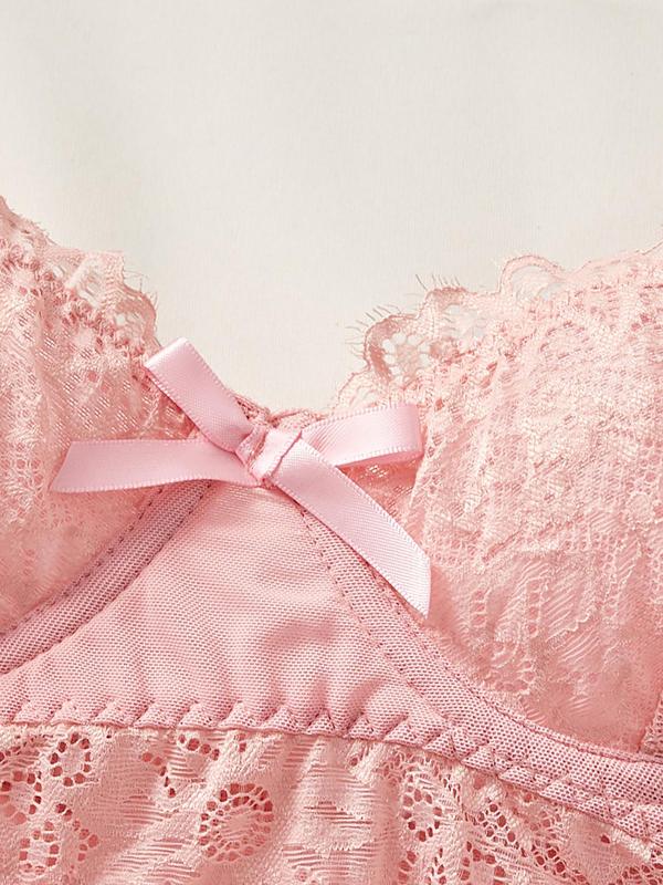 Women's Contrast Lace Bow Decor Cami Nightdress & Thong Tulle Sleepwear Two-Piece Set, Fashion Sheer Spaghetti Strap Sleeveless Nightgown & Panty Set, Ladies Sleepwear for All Seasons